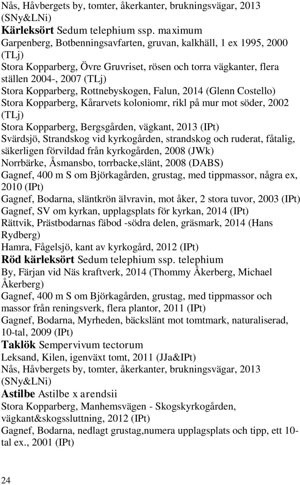 Rottnebyskogen, Falun, 2014 (Glenn Costello) Stora Kopparberg, Kårarvets koloniomr, rikl på mur mot söder, 2002 (TLj) Stora Kopparberg, Bergsgården, vägkant, 2013 (IPt) Svärdsjö, Strandskog vid