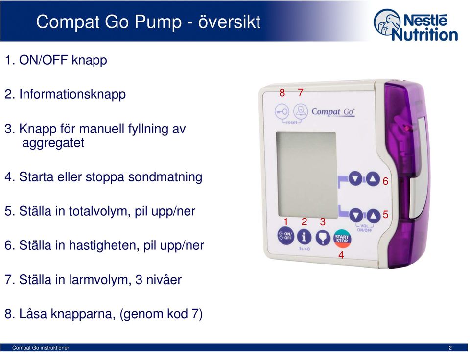 Starta eller stoppa sondmatning 5. Ställa in totalvolym, pil upp/ner 1 2 3 6 5 6.