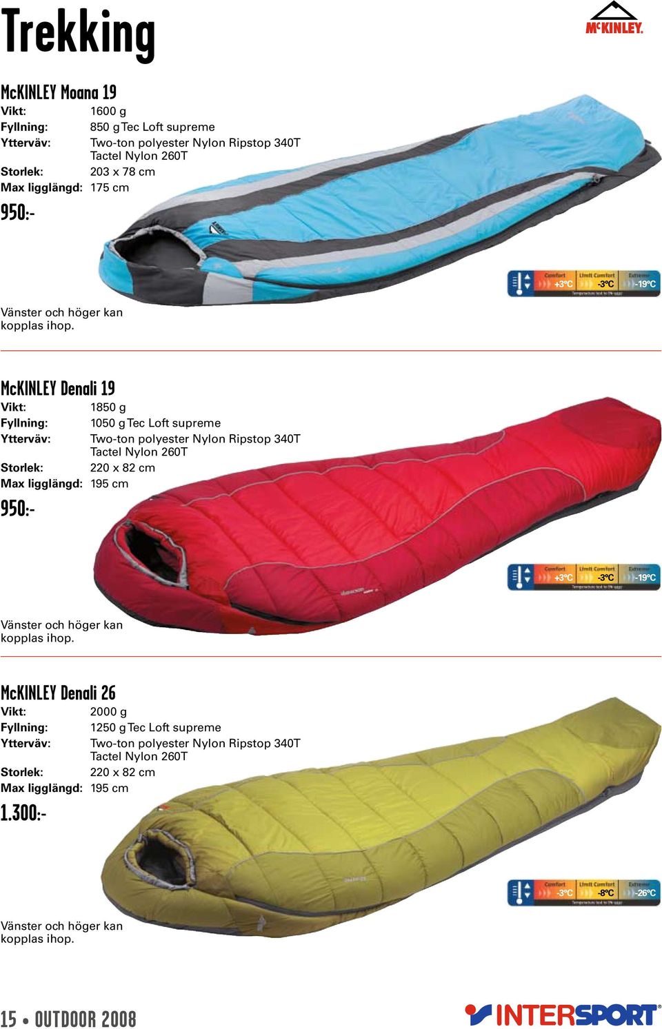McKINLEY Denali 19 Fyllning: Ytterväv: Storlek: Max ligglängd: 195 cm 950:- 1850 g 1050 g Tec Loft supreme Two-ton polyester Nylon Ripstop 340T Tactel Nylon 260T 220 x 82 cm