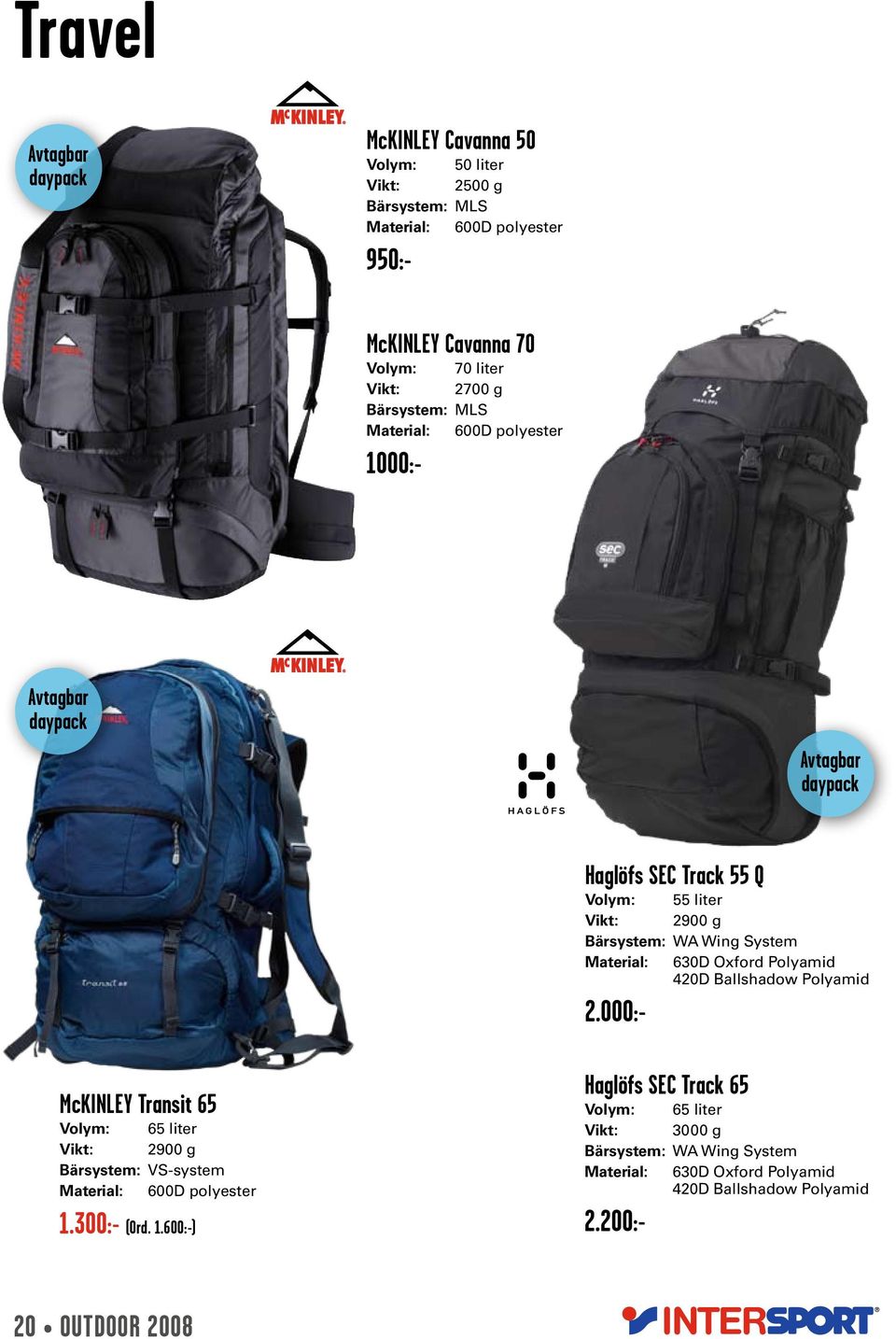 000:- McKINLEY Transit 65 Volym: 65 liter 2900 g Bärsystem: VS-system Material: 600D polyester 1.