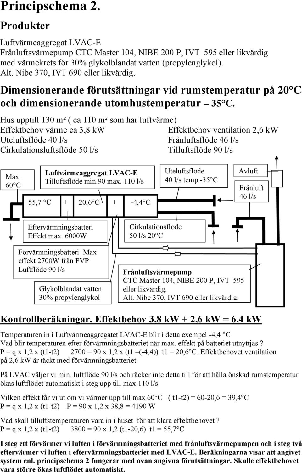 6000W Förvärmningsbatteri Max effekt 2700W från FVP Luftflöde 90 l/s Glykolblandat vatten 30% propylenglykol 50 l/s Frånluftsvärmepump CTC Master 104, NIBE 200 P, IVT 595 eller likvärdig. Alt.