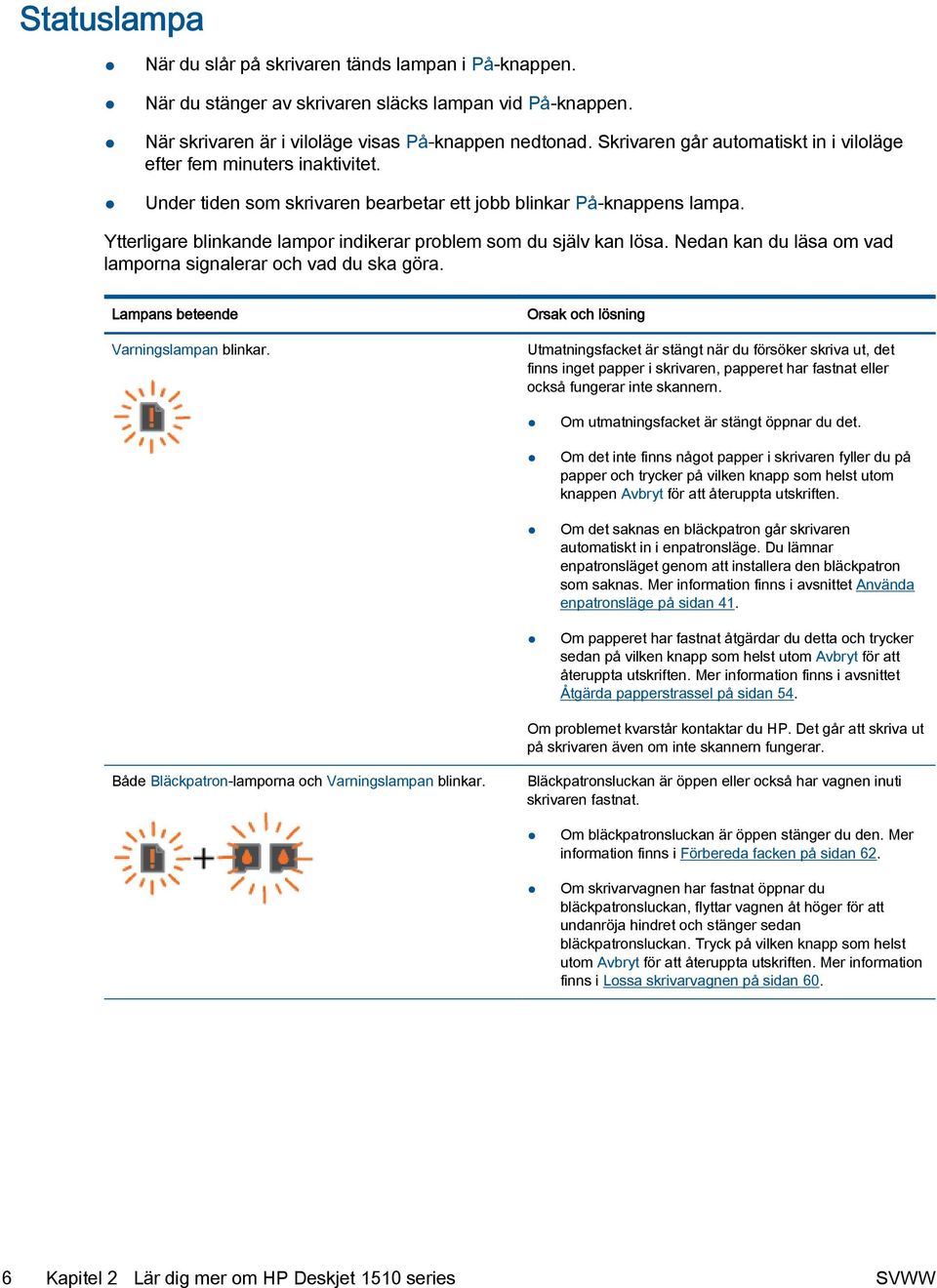 Ytterligare blinkande lampor indikerar problem som du själv kan lösa. Nedan kan du läsa om vad lamporna signalerar och vad du ska göra. Lampans beteende Varningslampan blinkar.
