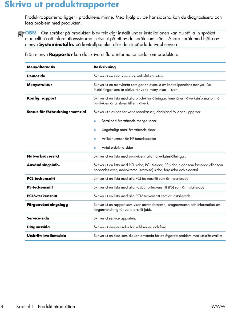 Ändra språk med hjälp av menyn Systeminställn. på kontrollpanelen eller den inbäddade webbservern. Från menyn Rapporter kan du skriva ut flera informationssidor om produkten.