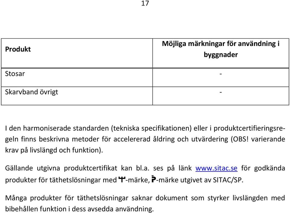 varierande krav på livslängd och funktion). Gällande utgivna produktcertifikat kan bl.a. ses på länk www.sitac.