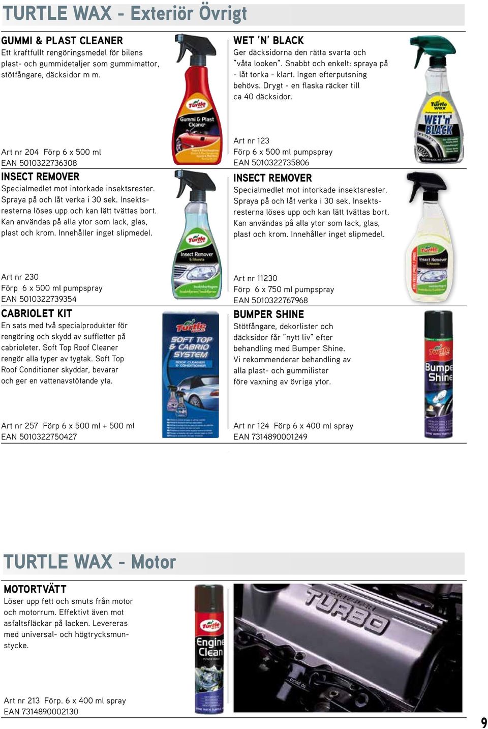 Art nr 204 Förp 6 x 500 ml EAN 5010322736308 INSECT REMOVER Specialmedlet mot intorkade insektsrester. Spraya på och låt verka i 30 sek. Insektsresterna löses upp och kan lätt tvättas bort.