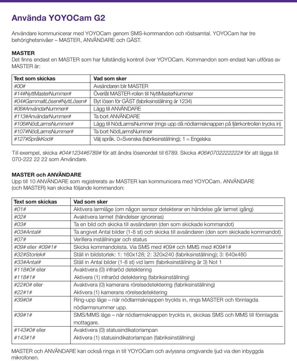 Kommandon som endast kan utföras av MASTER är: Text som skickas Vad som sker #00# Avsändaren blir MASTER #14#NyttMasterNummer# Överlåt MASTER-rollen till NyttMasterNummer #04#GammaltLösen#NyttLösen#