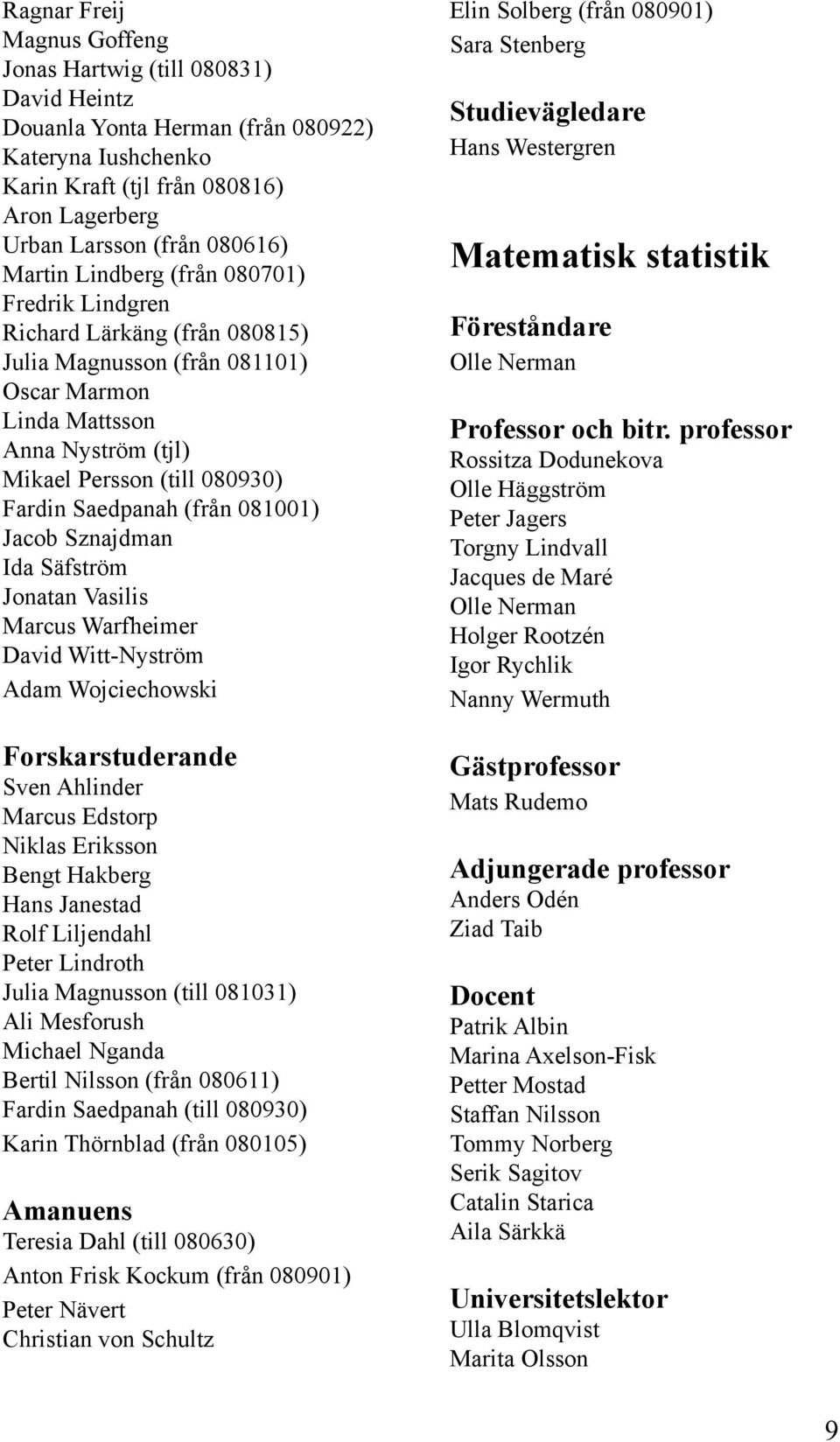 (från 081001) Jacob Sznajdman Ida Säfström Jonatan Vasilis Marcus Warfheimer David Witt-Nyström Adam Wojciechowski Forskarstuderande Sven Ahlinder Marcus Edstorp Niklas Eriksson Bengt Hakberg Hans