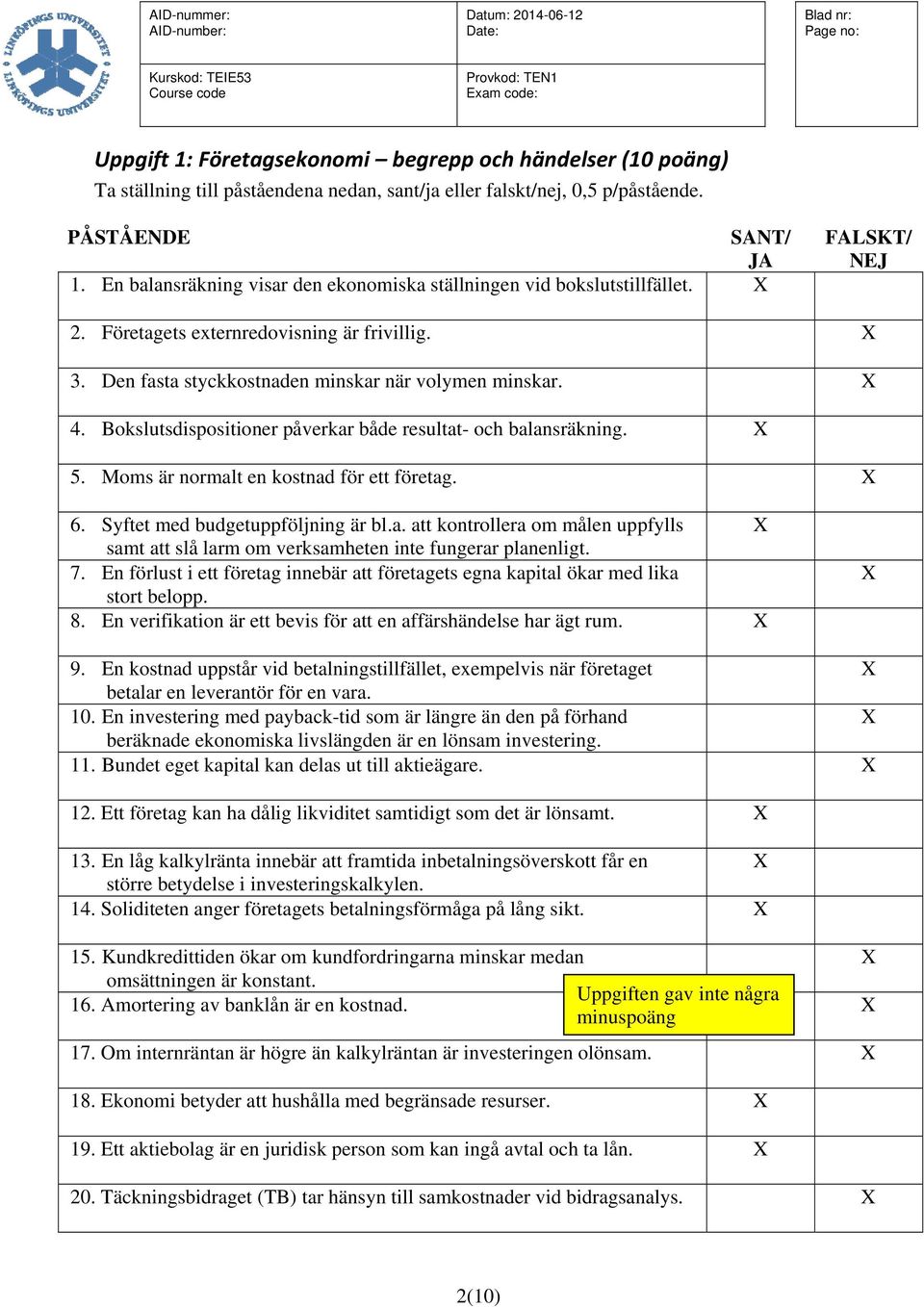 Bokslutsdispositioner påverkar både resultat- och balansräkning. 5. Moms är normalt en kostnad för ett företag. 6. Syftet med budgetuppföljning är bl.a. att kontrollera om målen uppfylls samt att slå larm om verksamheten inte fungerar planenligt.