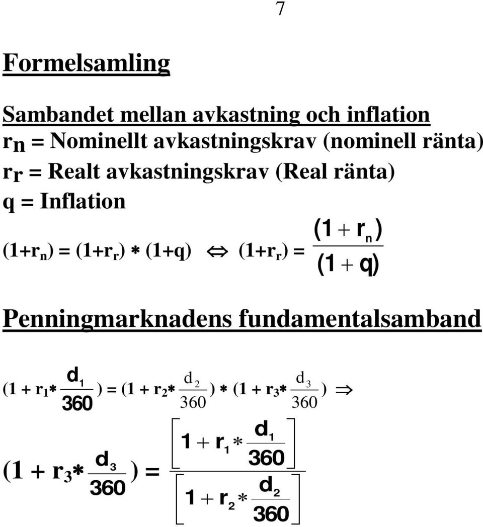 = (1+r r ) (1+q) (1+r r ) = (1 + q) Penningmarknadens fundamentalsamband (1 + r 1 d 1 ) =