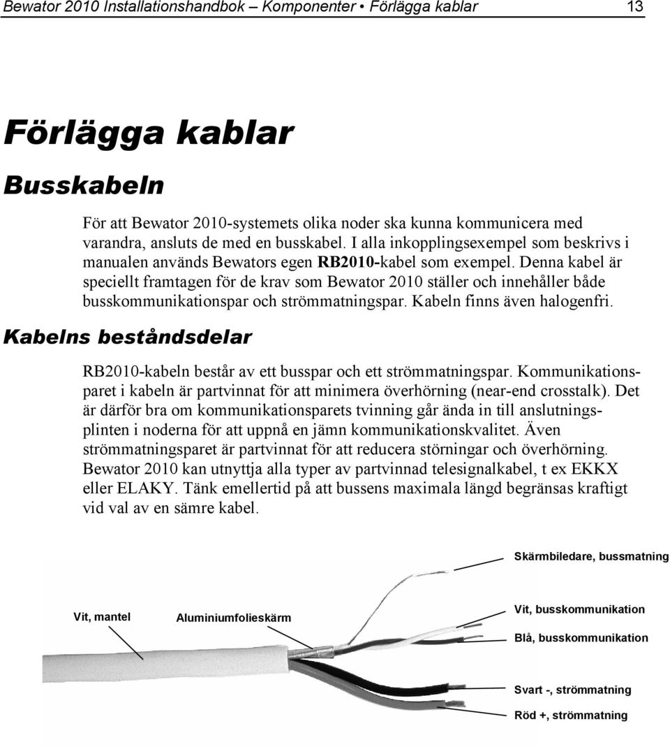 Denna kabel är speciellt framtagen för de krav som Bewator 2010 ställer och innehåller både busskommunikationspar och strömmatningspar. Kabeln finns även halogenfri.