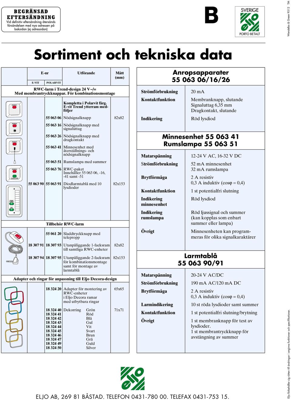 E-vit Trend ytterram medföljer 55 063 06 82x82 55 063 16 med signaluttag 55 063 26 med dragkontakt 55 063 41 Minnesenhet med 55 063 51 Rumslampa med summer 55 063 76 RWC-paket Innehåller 55 063 06,