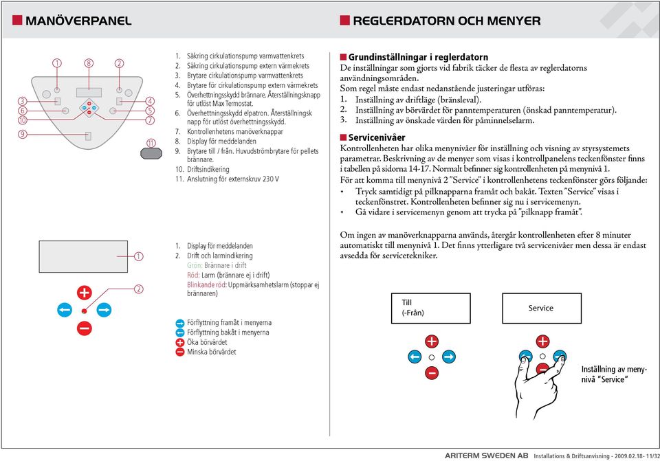 Återställningsk napp för utlöst överhettningsskydd. 7. Kontrollenhetens manöverknappar 8. Display för meddelanden 9. Brytare till / från. Huvudströmbrytare för pellets brännare. 1.
