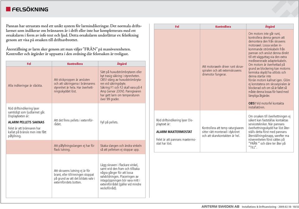 felsökning genom att visa på orsaken till driftsavbrottet. Återställning av larm sker genom att man väljer FRÅN på manöverenheten.