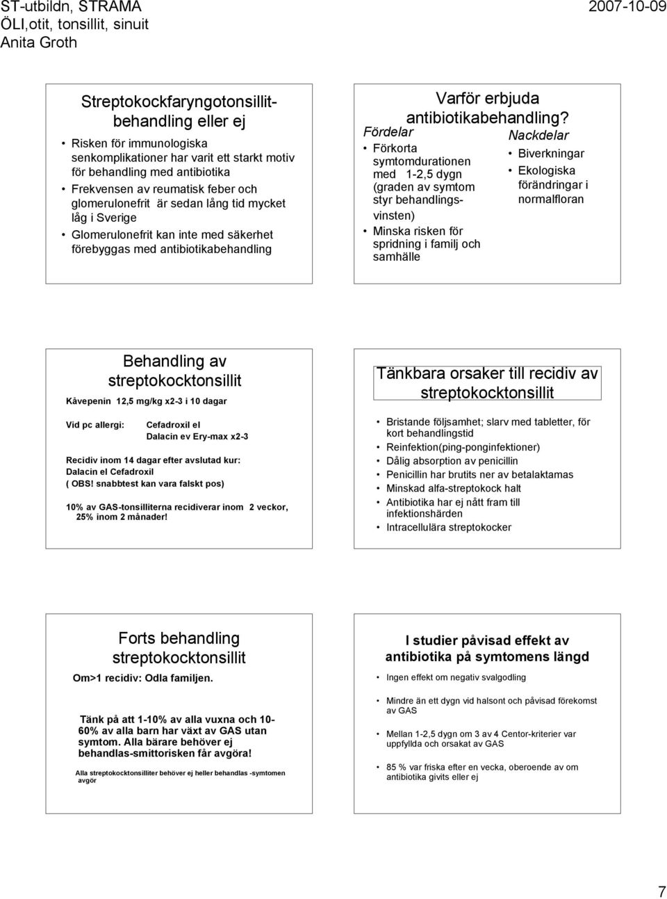 Fördelar Förkorta symtomdurationen med 1-2,5 dygn (graden av symtom styr behandlingsvinsten) Minska risken för spridning i familj och samhälle Nackdelar Biverkningar Ekologiska förändringar i