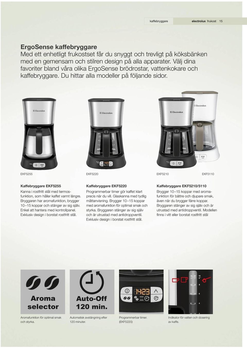 EKF5255 EKF5220 EKF5210 EKF5110 Kaffebryggare EKF5255 Kanna i rostfritt stål med termosfunktion, som håller kaffet varmt längre.