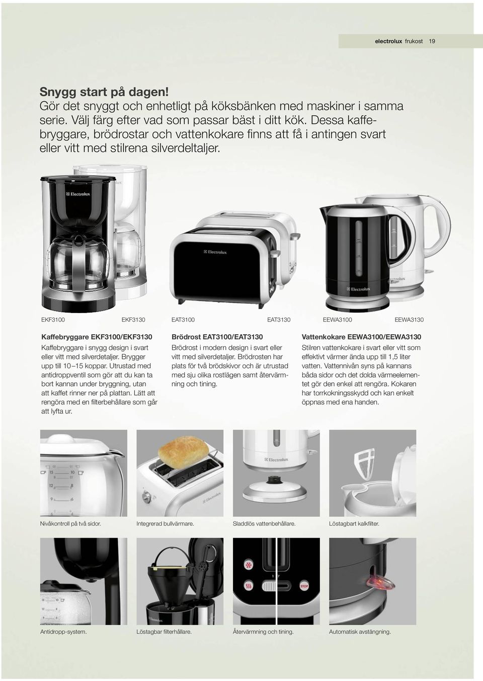 EKF3100 EKF3130 EAT3100 EAT3130 EEWA3100 EEWA3130 Kaffebryggare EKF3100/EKF3130 Kaffebryggare i snygg design i svart eller vitt med silver detaljer. Brygger upp till 10 15 koppar.
