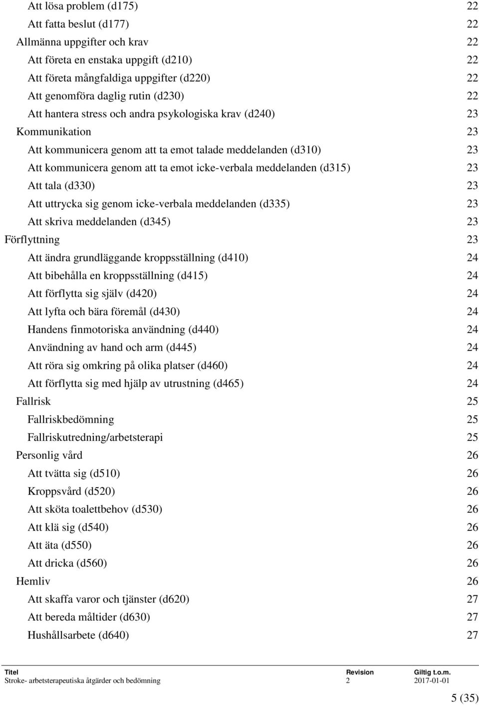 meddelanden (d315) 23 Att tala (d330) 23 Att uttrycka sig genom icke-verbala meddelanden (d335) 23 Att skriva meddelanden (d345) 23 Förflyttning 23 Att ändra grundläggande kroppsställning (d410) 24