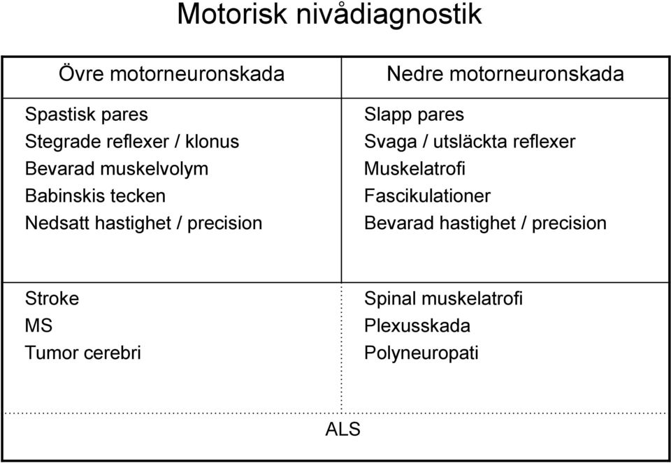 motorneuronskada Slapp pares Svaga / utsläckta reflexer Muskelatrofi Fascikulationer