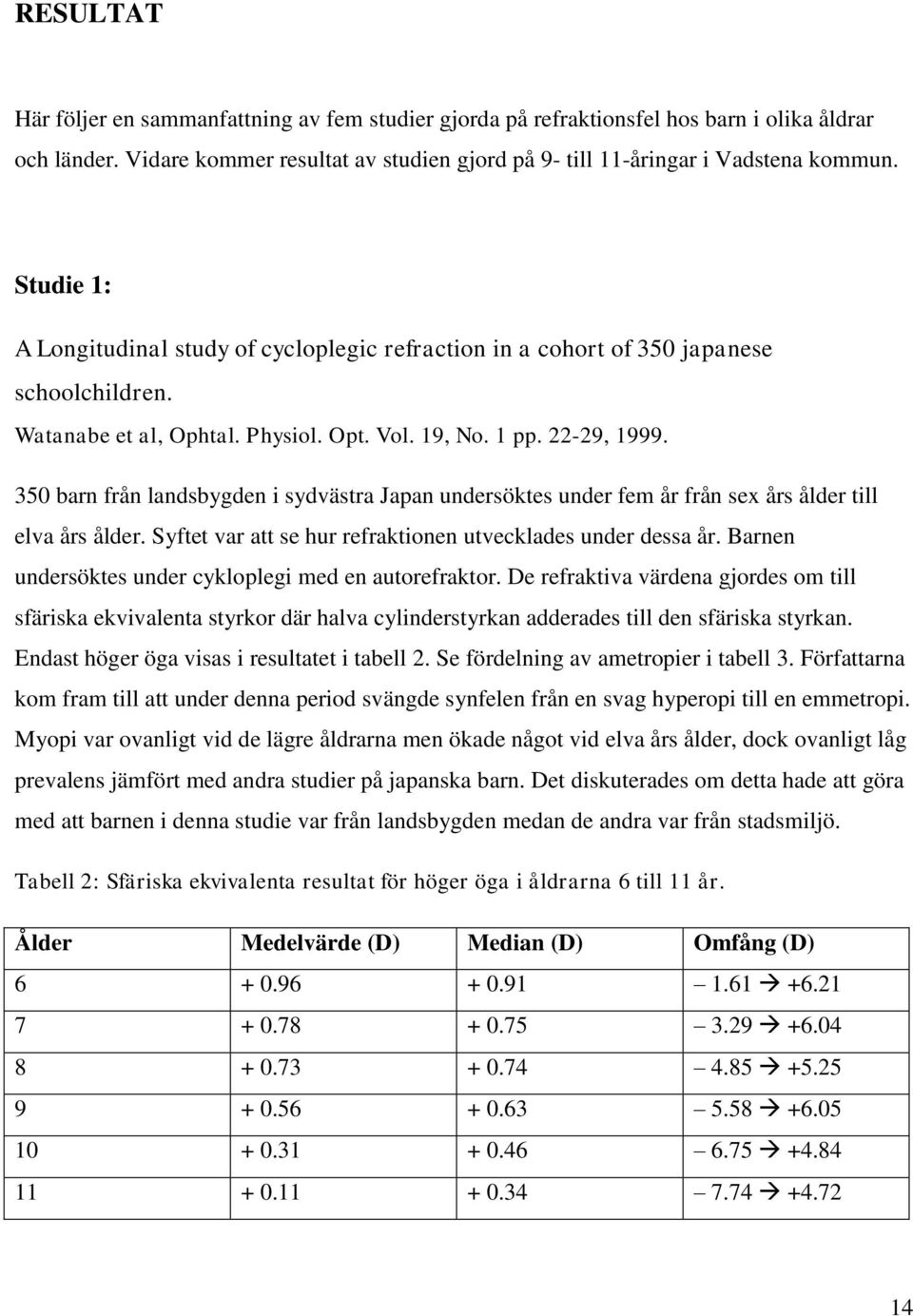 350 barn från landsbygden i sydvästra Japan undersöktes under fem år från sex års ålder till elva års ålder. Syftet var att se hur refraktionen utvecklades under dessa år.