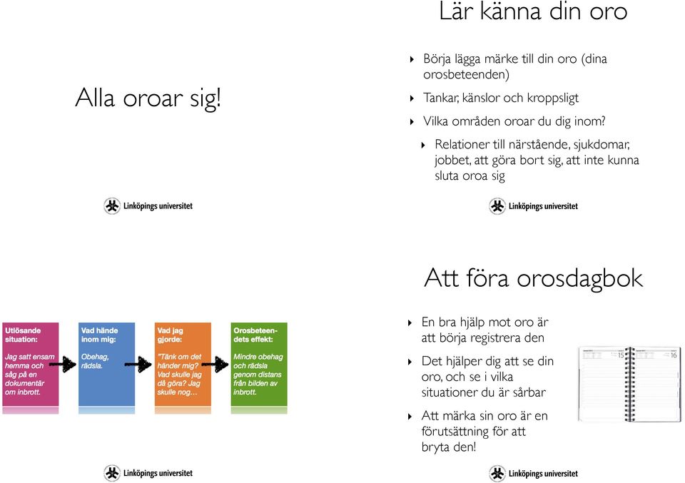 inom? Relationer till närstående, sjukdomar, jobbet, att göra bort sig, att inte kunna sluta oroa sig Att föra