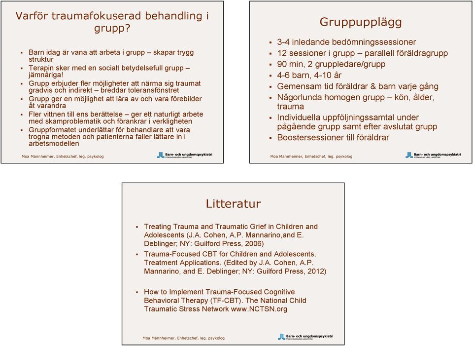 ger ett naturligt arbete med skamproblematik och förankrar i verkligheten Gruppformatet underlättar för behandlare att vara trogna metoden och patienterna faller lättare in i arbetsmodellen