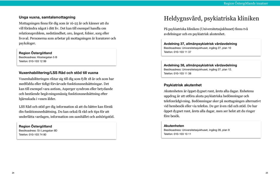 Region Östergötland Besöksadress: Klostergatan 5 B Telefon: 010-103 12 99 Vuxenhabilitering/LSS Råd och stöd till vuxna Vuxenhabiliteringen riktar sig till dig som fyllt 18 år och som har medfödda