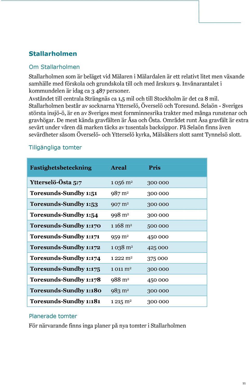 Stallarholmen består av socknarna Ytterselö, Överselö och Toresund. Selaön - Sveriges största insjö-ö, är en av Sveriges mest fornminnesrika trakter med många runstenar och gravhögar.