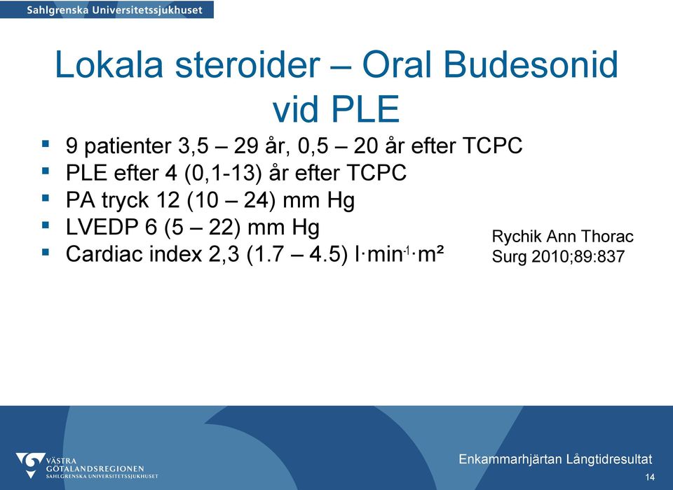 PA tryck 12 (10 24) mm Hg LVEDP 6 (5 22) mm Hg Cardiac index