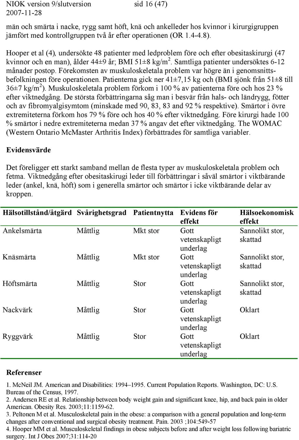 Förekomsten av muskuloskeletala problem var högre än i genomsnittsbefolkningen före operationen. Patienterna gick ner 41±7,15 kg och (BMI sjönk från 51±8 till 36±7 kg/m 2 ).
