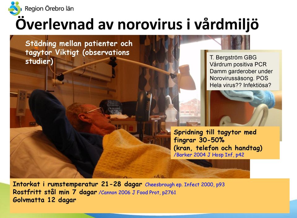 Spridning till tagytor med fingrar 30-50% (kran, telefon och handtag) /Barker 2004 J Hosp Inf, p42 Intorkat i