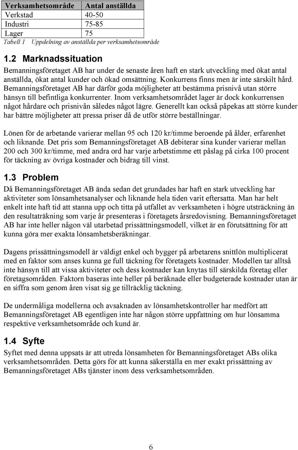Konkurrens finns men är inte särskilt hård. Bemanningsföretaget AB har därför goda möjligheter att bestämma prisnivå utan större hänsyn till befintliga konkurrenter.