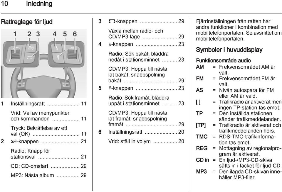 .. 23 CD/MP3: Hoppa till nästa låt bakåt, snabbspolning bakåt... 29 5 c-knappen... 23 Radio: Sök framåt, bläddra uppåt i stationsminnet... 23 CD/MP3: Hoppa till nästa låt framåt, snabbspolning framåt.