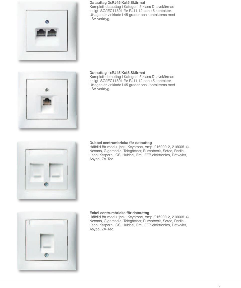 Dubbel centrumbricka för datauttag Hålbild för modul-jack: Keystone, Amp (26000-2, 26005-4), Nexans, Gigamedia, Telegärtner, Rutenbeck, Setec, Radial, Leoni Kerpern, ICS, Hubbel, Emi, EFB