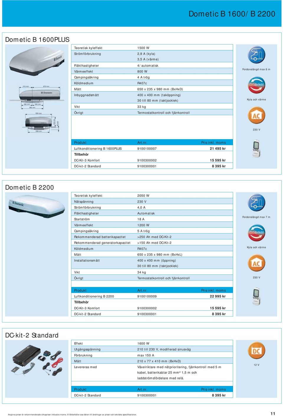 Luftkonditionering B 1600PLUS 9100100007 21 495 kr Tillbehör DC-Kit-3 Komfort 9100300002 15 595 kr DC-kit-2 Standard 9100300001 8 395 kr Dometic B 2200 Teoretisk kyleffekt Nätspänning