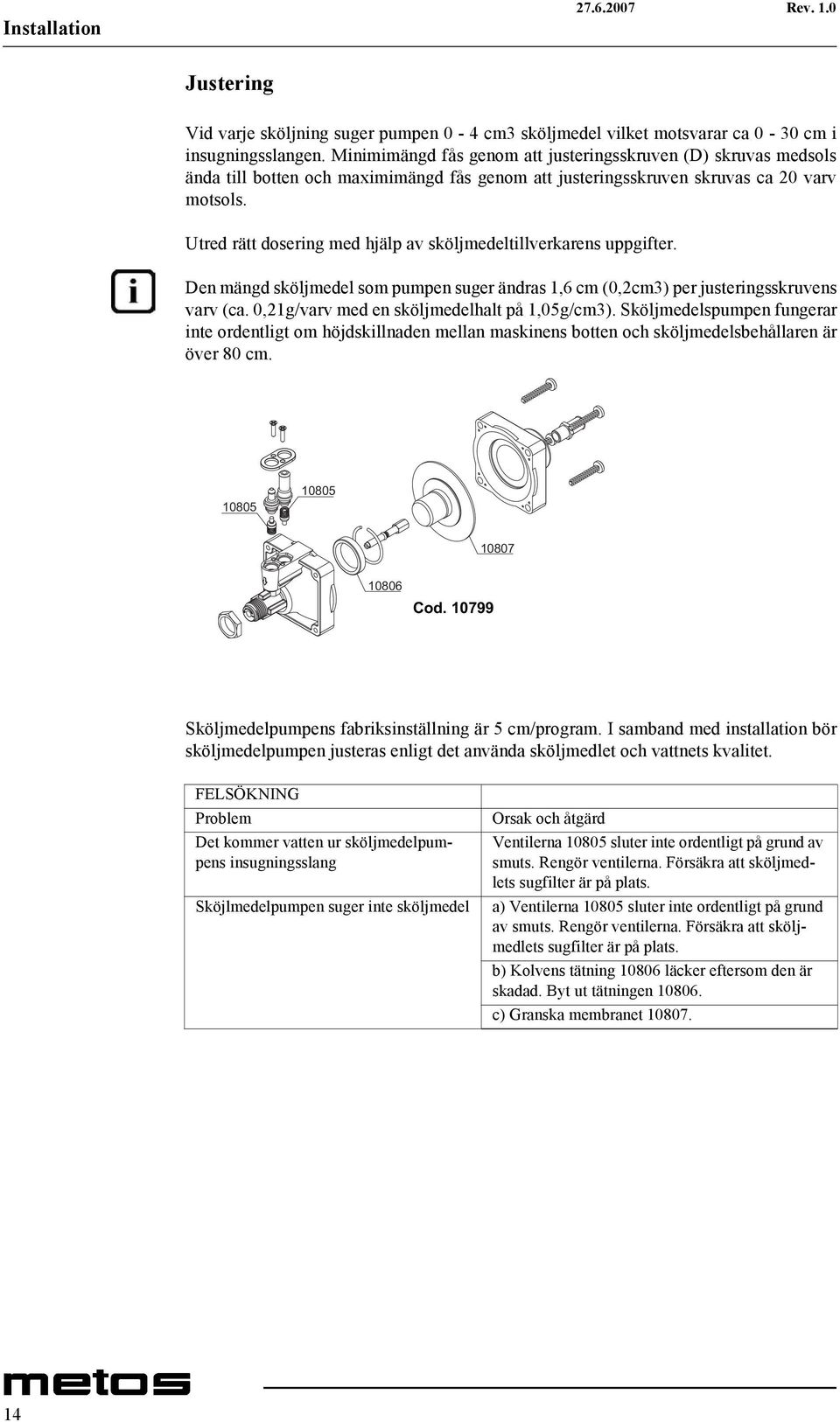 Utred rätt dosering med hjälp av sköljmedeltillverkarens uppgifter. Den mängd sköljmedel som pumpen suger ändras 1,6 cm (0,2cm3) per justeringsskruvens varv (ca.