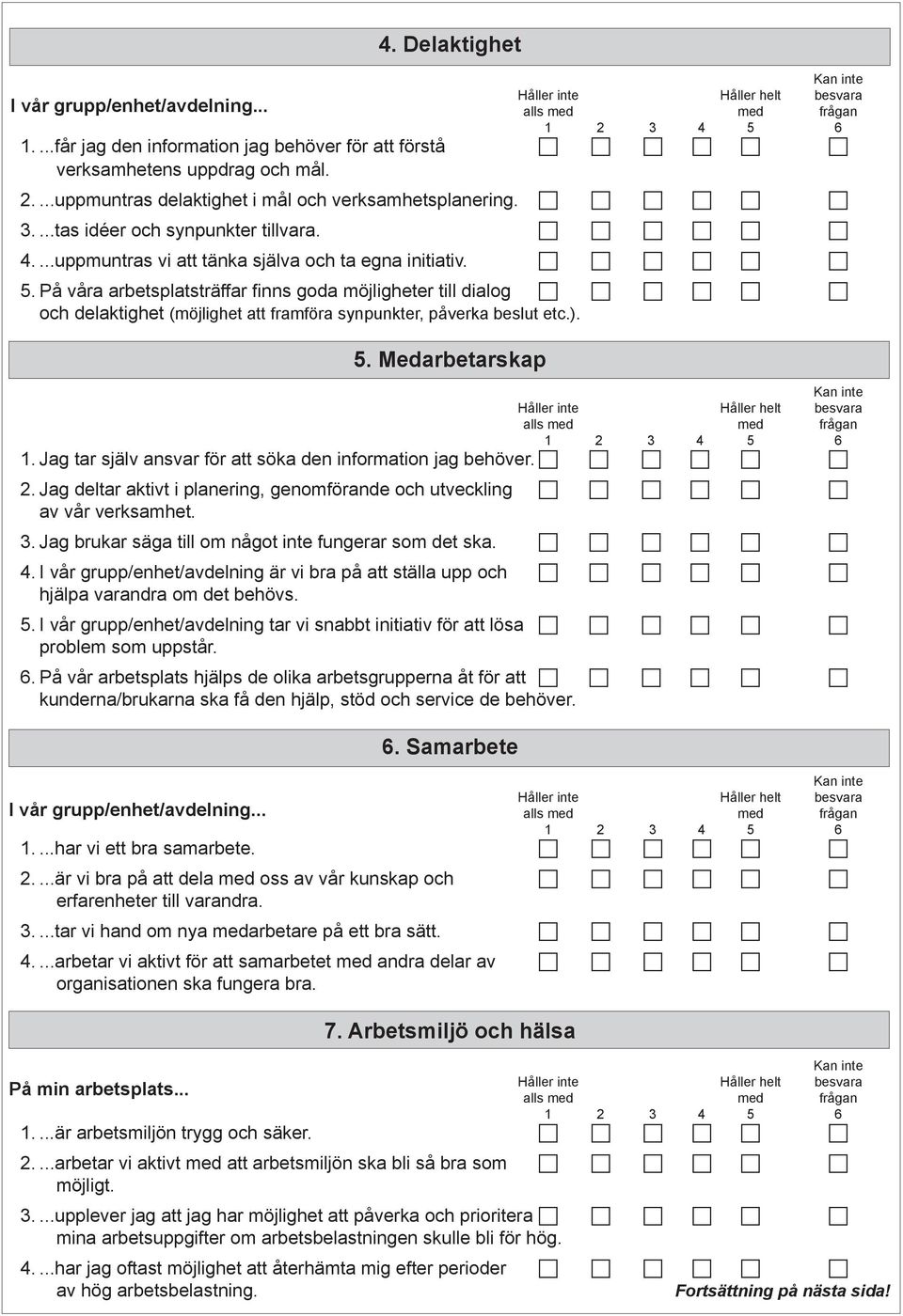 På våra arbetsplatsträffar finns goda möjligheter till dialog c c c c c c och delaktighet (möjlighet att framföra synpunkter, påverka beslut etc.). 5. Medarbetarskap 1.