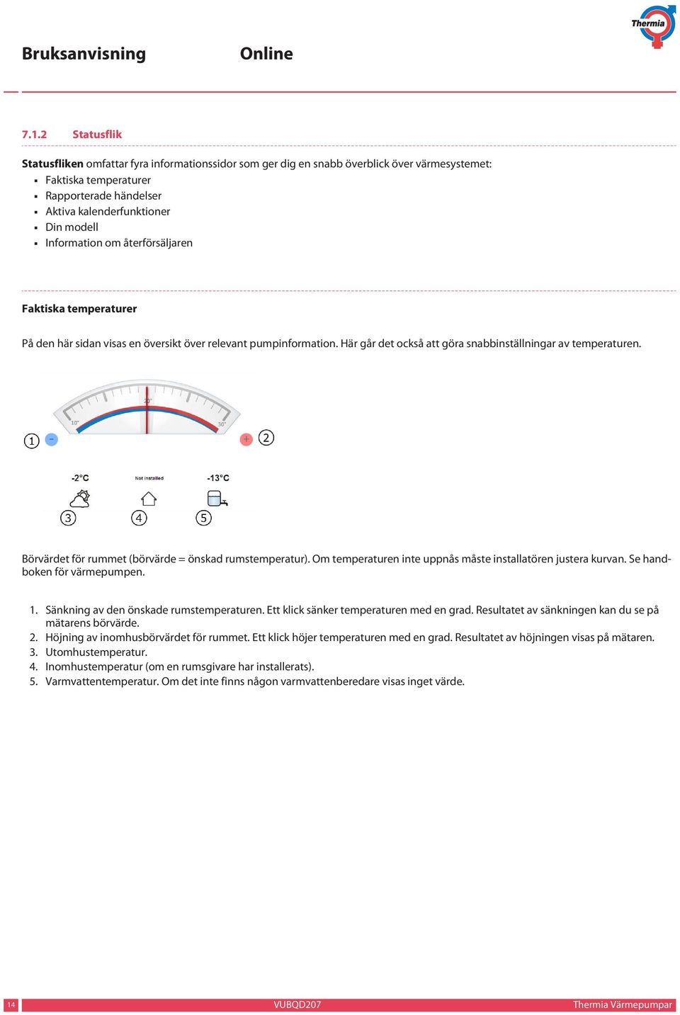 Börvärdet för rummet (börvärde = önskad rumstemperatur). Om temperaturen inte uppnås måste installatören justera kurvan. Se handboken för värmepumpen. 1. Sänkning av den önskade rumstemperaturen.