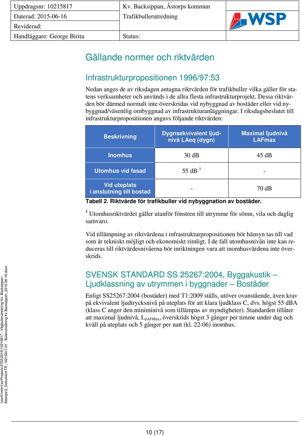 I riksdagsbeslutet till infrastrukturpropositionen angavs följande riktvärden: Beskrivning Dygnsekvivalent ljudnivå LAeq (dygn) Maximal ljudnivå LAFmax Inomhus 30 db 45 db Utomhus vid fasad 55 db 1 -
