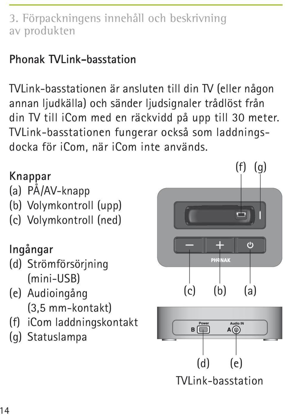 TVLink-basstationen fungerar också som laddningsdocka för icom, när icom inte används.