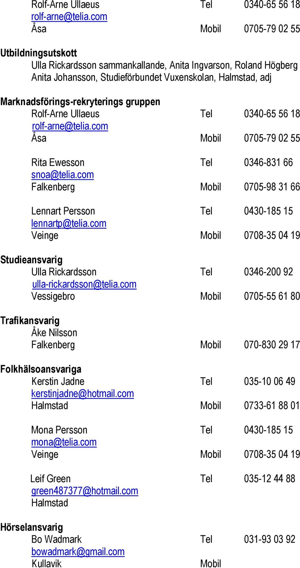 Åsa 0705-79 02 55 Rita Ewesson Tel 0346-831 66 snoa@telia.com Falkenberg 0705-98 31 66 Lennart Persson Tel 0430-185 15 lennartp@telia.