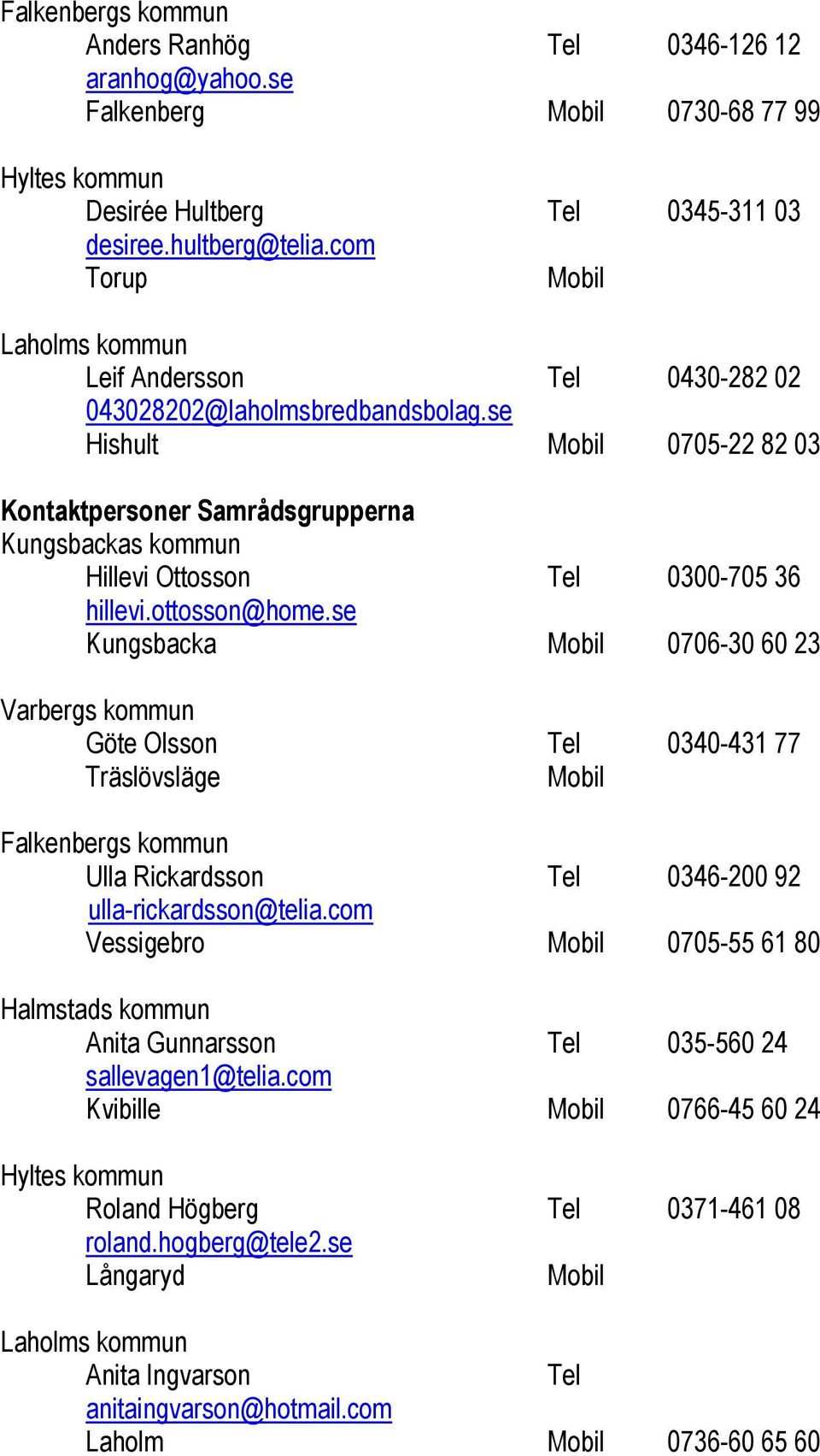 se Hishult 0705-22 82 03 Kontaktpersoner Samrådsgrupperna Kungsbackas kommun Hillevi Ottosson Tel 0300-705 36 hillevi.ottosson@home.