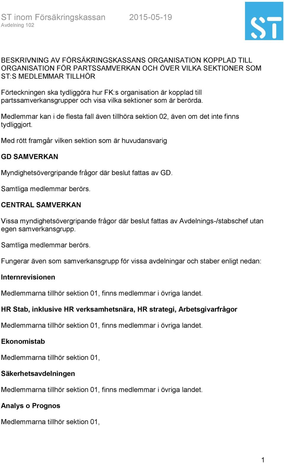 Med rött framgår vilken sektion som är huvudansvarig GD SAMVERKAN Myndighetsövergripande frågor där beslut fattas av GD. Samtliga medlemmar berörs.