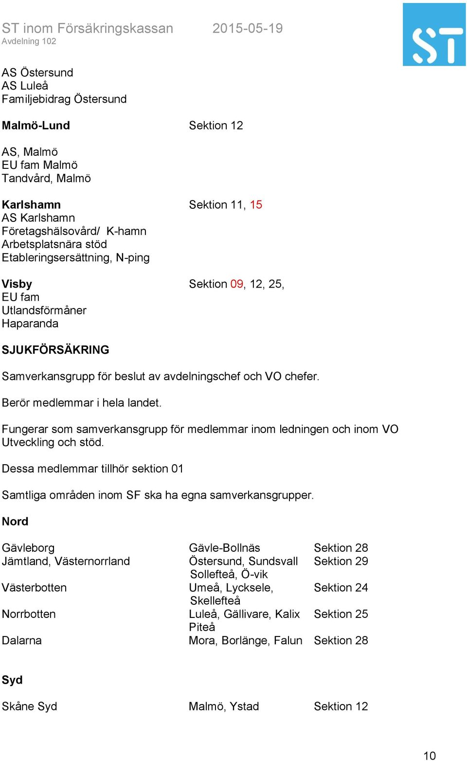 Fungerar som samverkansgrupp för medlemmar inom ledningen och inom VO Utveckling och stöd. Samtliga områden inom SF ska ha egna samverkansgrupper.