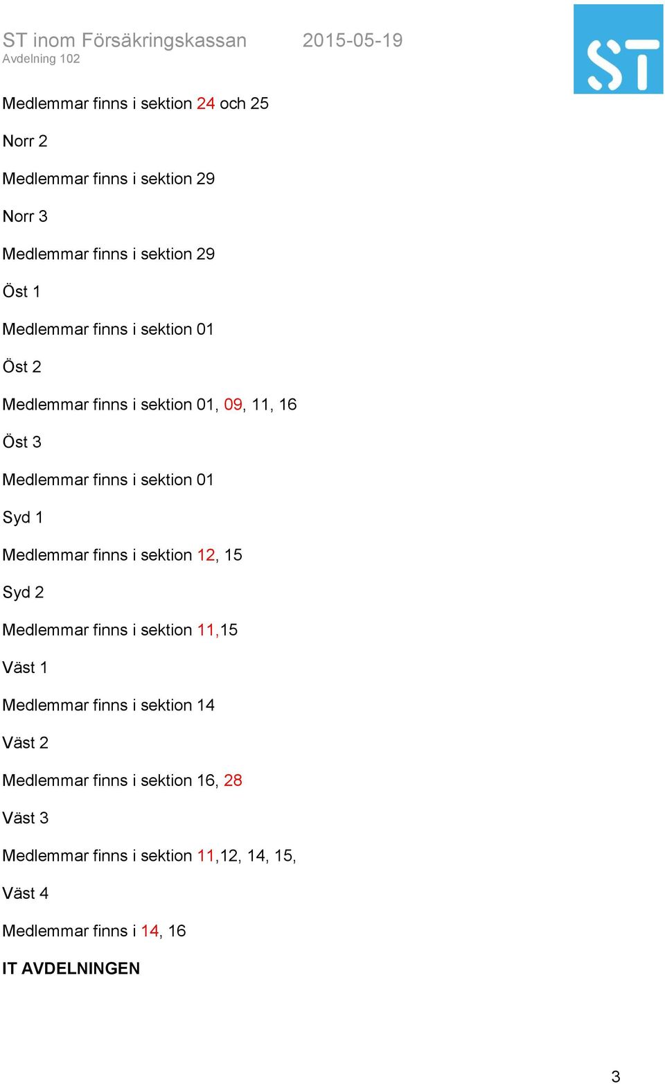 Medlemmar finns i sektion 12, 15 Syd 2 Medlemmar finns i sektion 11,15 Väst 1 Medlemmar finns i sektion 14 Väst 2