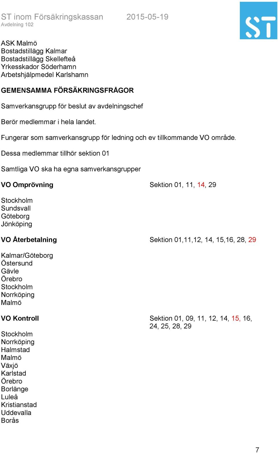 Samtliga VO ska ha egna samverkansgrupper VO Omprövning Sektion 01, 11, 14, 29 Sundsvall Göteborg Jönköping VO Återbetalning Sektion 01,11,12, 14, 15,16,