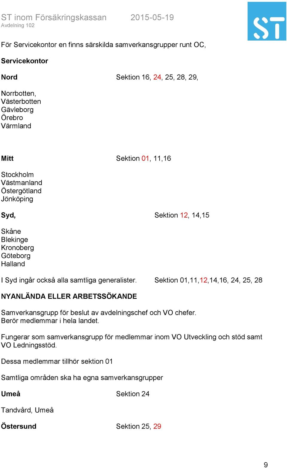 generalister. Sektion 01,11,12,14,16, 24, 25, 28 NYANLÄNDA ELLER ARBETSSÖKANDE Samverkansgrupp för beslut av avdelningschef och VO chefer.