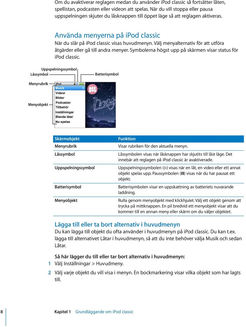 Välj menyalternativ för att utföra åtgärder eller gå till andra menyer. Symbolerna högst upp på skärmen visar status för ipod classic.