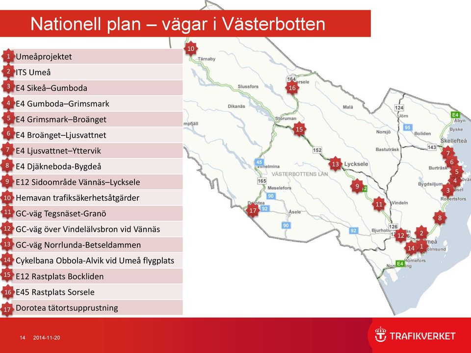trafiksäkerhetsåtgärder GC-väg Tegsnäset-Granö GC-väg över Vindelälvsbron vid Vännäs GC-väg Norrlunda-Betseldammen Cykelbana Obbola-Alvik