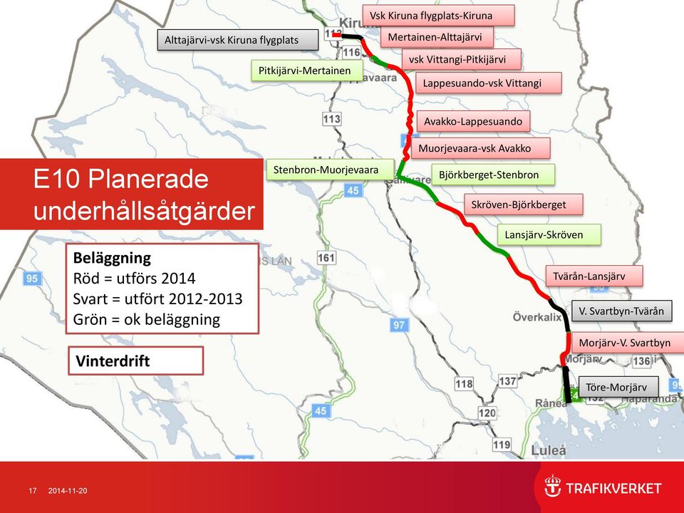 Stenbron-Muorjevaara Svart: Åtgärdat 2012-2013 Röd: Projekteras, upphandlas och utförs 2014. Totalt 40 km Grön: Upphandlat/klart inför 2014.