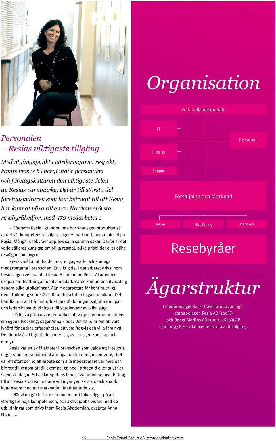 Eftersom Resia i grunden inte har sina egna produkter så är det vår kompetens vi säljer, säger Anna Flood, personalchef på Resia. Många resebyråer upplevs sälja samma saker.